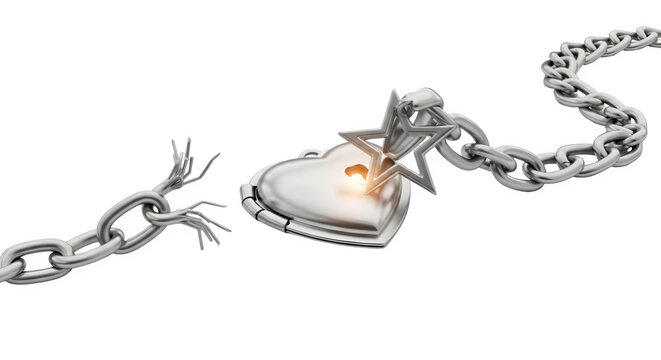A broken heart shaped locket with a chain on a surface