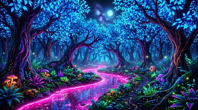 Magical enchanted forest with neon glowing blue trees and pink stream enchanted mystical colorful
