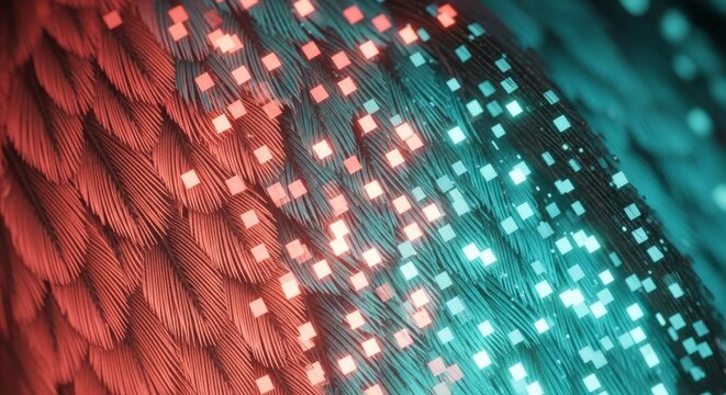 Abstract close up of glowing digital data grid patterns on textured surface with technology