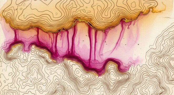 Abstract illustration of pink liquid dripping from textured beige surface with abstract, artistic