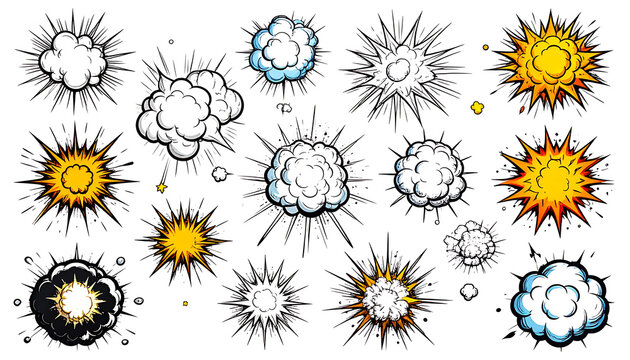 Set of comic book style explosion and impact effects, representing impact, blast, boom, and energy bursts with cartoonish flair
