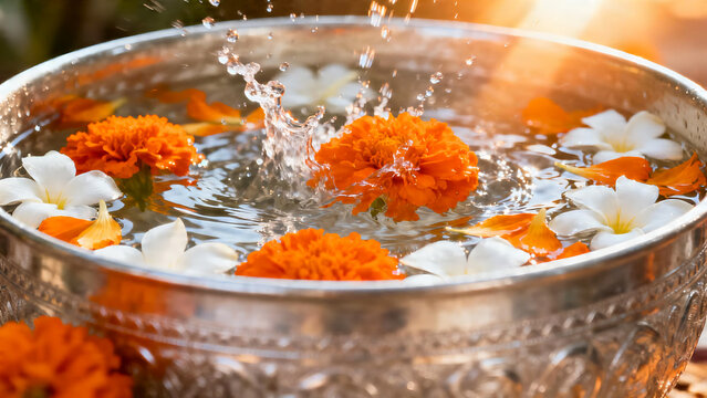 Water splashing from Thai silver bowl with floating jasmine petals