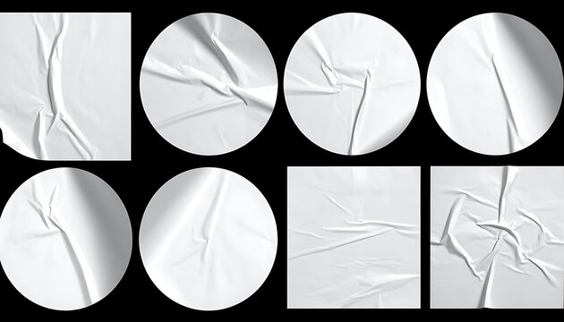 Set of crumpled paper textures, round and square shapes, conveying a rough surface with shadows, ideal for overlay effects or grunge design elements