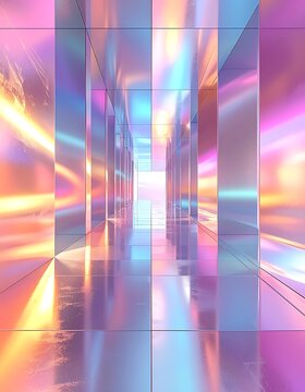 A futuristic corridor with shiny metallic walls and vibrant colorful lights