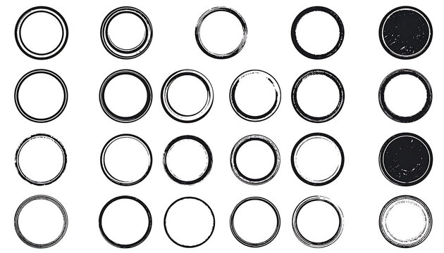 set of distressed circular stamp outlines, various grunge textures, ink blotches, rubber stamp effects, isolated on white