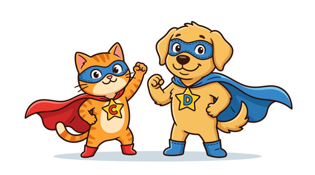 Cartoon cat and dog superheroes standing.