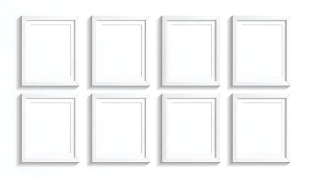 Set of eight blank white picture frames with realistic shadows arranged in two rows on a white background, ideal for displaying art or photos