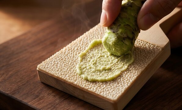 Intimate close-up of a traditional Japanese sharkskin wasabi grater with a fresh wasabi rhizome being grated in slow counterclockwise motion.