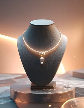 A necklace with a pendant on a black jewelry display