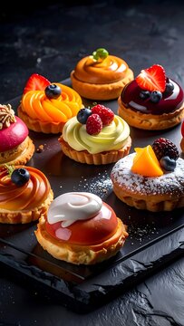 A platter of assorted fruit tarts with various toppings