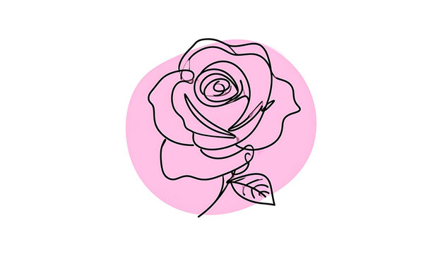 Single line drawing of a rose with simple petals and leaves, set against a soft pink circle, elegant floral illustration