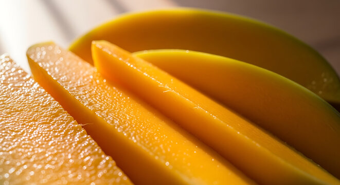 Ripe mango slices with warm sunlight creating a vibrant texture and juicy detail for culinary concepts