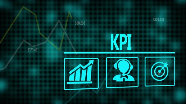 A KPI business concept on a flashing computer monitor with moving graphs and data.