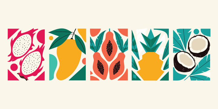 Set of colorful tropical fruits including dragon fruit mango papaya pineapple and coconut illustrations with dragonfruit