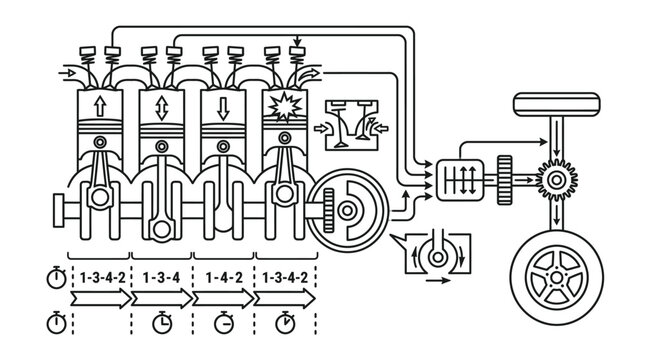 Engine firing order and drivetrain schematic diagram.