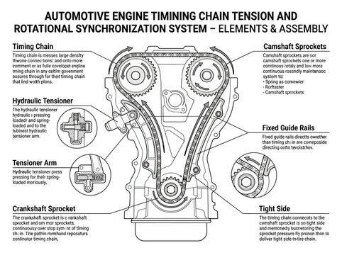 Engine timing chain tension and rotational synchronization system diagram.