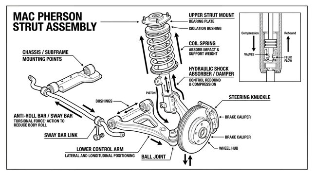 Labeled MacPherson strut automotive suspension assembly diagram.