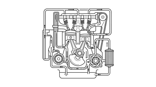 Multi-cylinder engine internal assembly technical drawing.