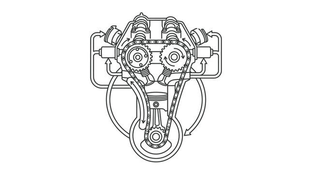 Overhead cam engine valve train technical line drawing.