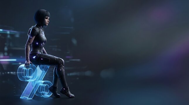 Futuristic cyborg woman sitting on a glowing percent symbol