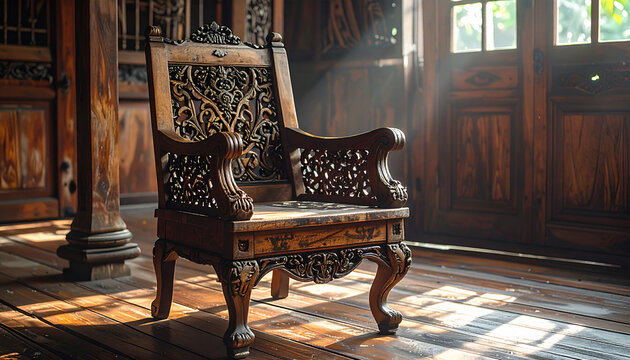 Ornate wooden chair in sunlight with detailed carvings and elegant design