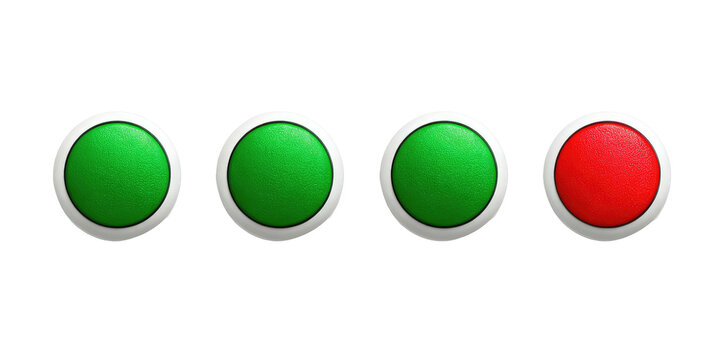 Four round buttons; three green, one red on a black background