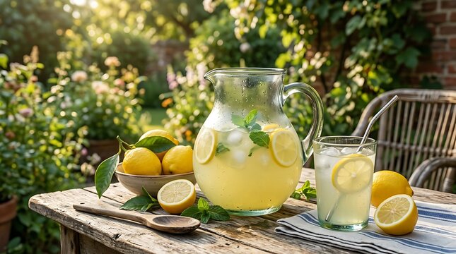 Fresh lemonade drink with fruit and garden background