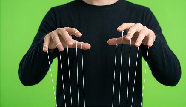 Puppeteer uses thin strings attached to invisible subjects to demonstrate control and manipulation over a situation.