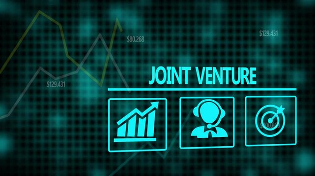 A Joint Venture business concept on a flashing computer monitor with moving graphs and data.