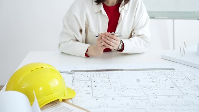 Woman architect drawing technical blueprint plans for a new house design. Developing innovative construction projects for modern residential building development