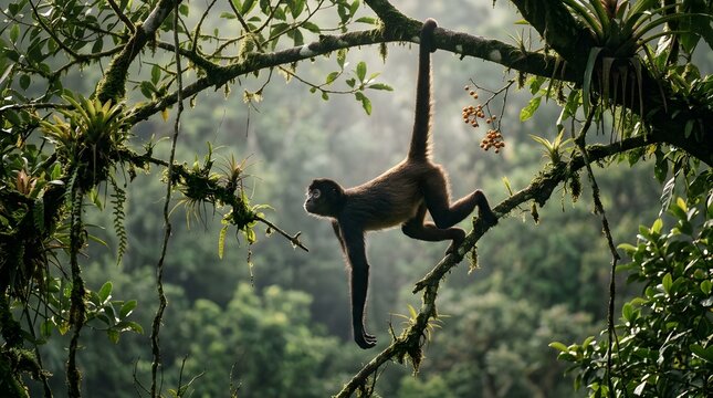 Spider monkey climbing on a tree branch in a dense tropical jungle