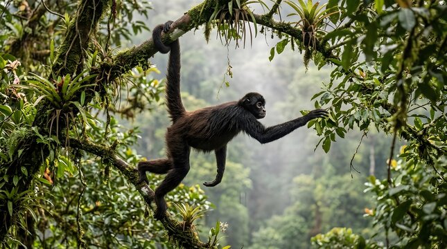 Spider monkey hanging on a tree branch in a lush tropical rainforest