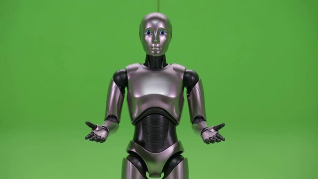 Humanoid robot on green screen background making gestures, futuristic technology