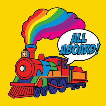 Colorful Toy Train "ALL ABOARD!" Speech Bubble Rainbow Smoke