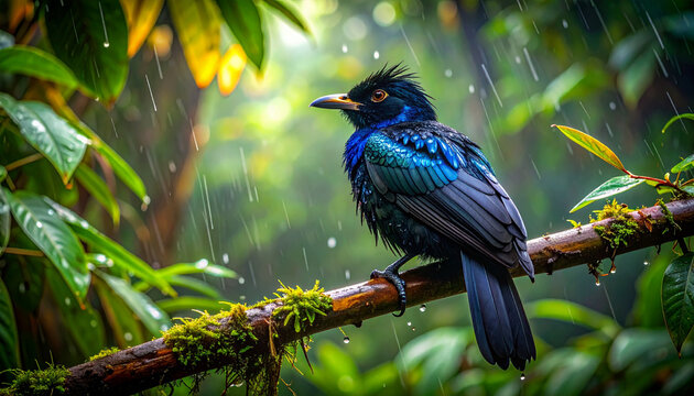 Vibrant bird perched on a branch in a rainy forest environment