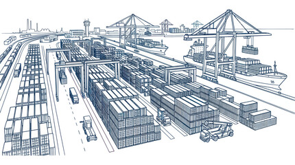 Fototapeta premium Industrial Shipping Port with Cargo Containers, Cranes and Ships - Sketch Style