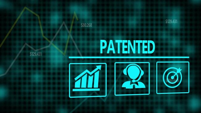 Patented business concept on a flashing computer monitor with moving graphs and data.
