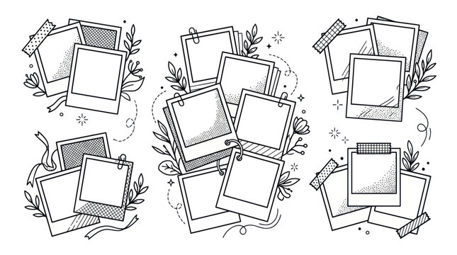 Hand-Drawn Photo Frames Collage with Leaves and Washi Tape, Sketch Style