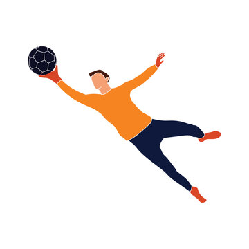 Flat vector illustration of a football goalkeeper in an orange jersey diving to catch a soccer ball.