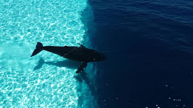 The shadow of a giant fish or a sea monster beneath the ocean surface showing a dramatic contrast between shallow turquoise water and the deep dark blue abyss below sea