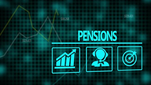 Pensions business concept on a flashing computer monitor with moving graphs and data.