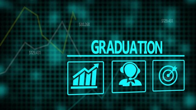 A Graduation business concept on a flashing computer monitor with moving graphs and data.