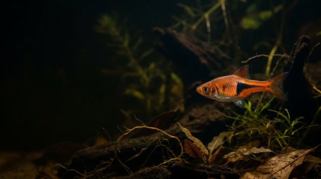 Orange harlequin rasbora fish swimming in a planted aquarium