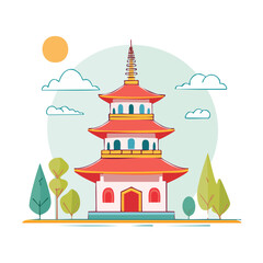 Fototapeta premium Flat illustration of a traditional pagoda with trees and sky