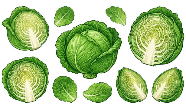 Cabbage Whole and Half Vector Set &ndash; Fresh Green Cabbage Vegetable Illustration