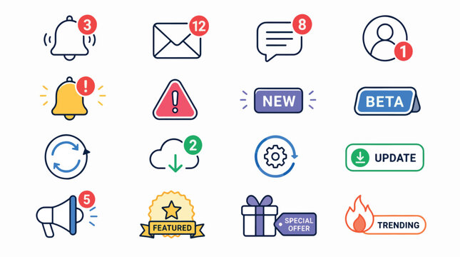 Collection of modern notification icons for digital alerts and status updates.