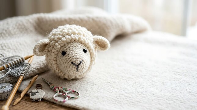 Handmade crochet sheep head and knitting accessories on white textile