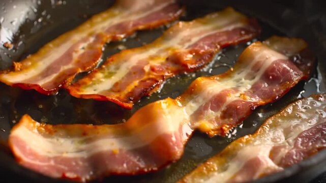 bacon frying in pan close-up, crispy strips sizzling in hot oil, golden brown texture forming with bubbling fat, appetizing breakfast scene, savory meat cooking process in kitchen