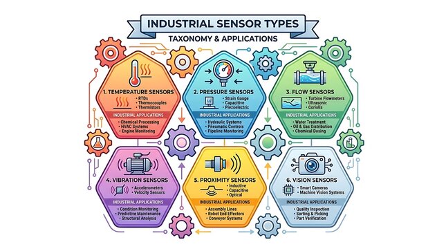 Industrial sensor types and taxonomy for manufacturing infographic