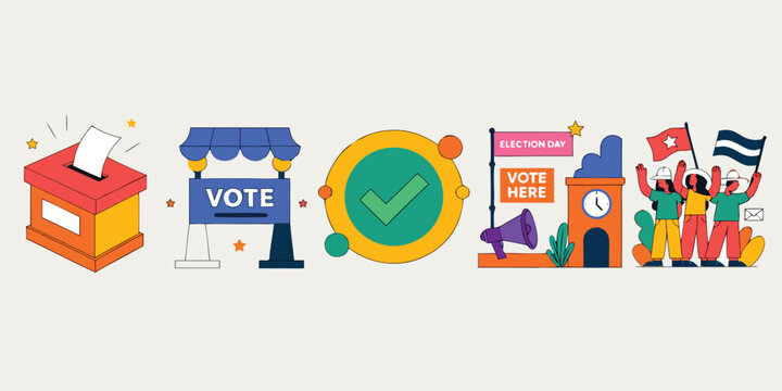 Voting and election concept icons featuring ballot box checkmark and polling station election democracy government